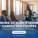 Réunion d'équipe diverse, manager souriante; texte : PÉNURIE DE MAIN-D'OEUVRE — GARDEZ VOS ÉQUIPES