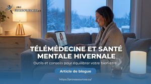 Personne en téléconsultation dans salon d'hiver chaleureux, titre TÉLÉMÉDECINE ET SANTÉ MENTALE