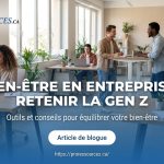Jeunes pros en bureau lumineux, titre BIEN-ÊTRE EN ENTREPRISE : RETENIR LA GEN Z logo Pro Ressources