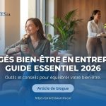 Femme pro souriante en lounge, titre CONGÉS BIEN-ÊTRE EN ENTREPRISE GUIDE ESS. 2026 sur overlay bleu