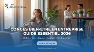 Femme pro souriante en lounge, titre CONGÉS BIEN-ÊTRE EN ENTREPRISE GUIDE ESS. 2026 sur overlay bleu