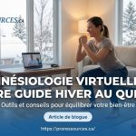Femme en squat devant laptop en kinésiologie virtuelle, salon hivernal Québec.