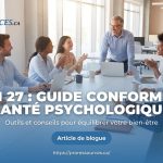 Équipe diverse en réunion, style corporate bleu, titre LOI 27: GUIDE Santé psychologique