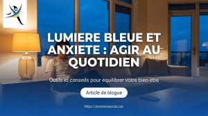 Lecture sur canapé le soir, lampe ambre; overlay bleu, titre LUMIERE BLEUE ET ANXIETE, bouton