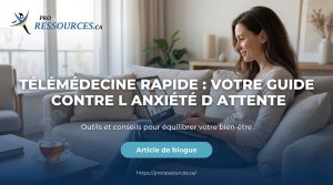 Femme détendue sur canapé en téléconsultation santé, titre TÉLÉMÉDECINE RAPIDE, bouton
