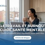 Femme en télétravail, tasse et laptop dans cuisine lumineuse, neige dehors — santé mentale, burnout